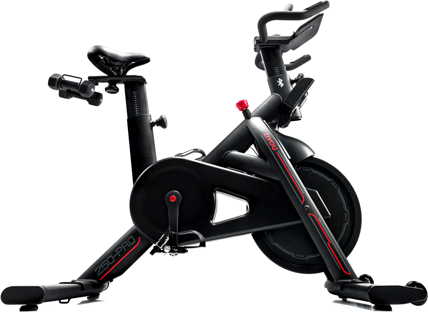 Bike de spinning ZiYou 250-PRO completa, vista lateral em três quartos